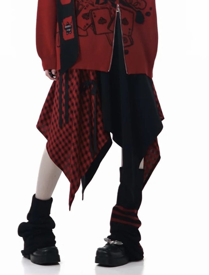 Handkerchief with Red Hem Plaid Y2K Accents and Bowknot Maxi Skirt Black Color-Block
