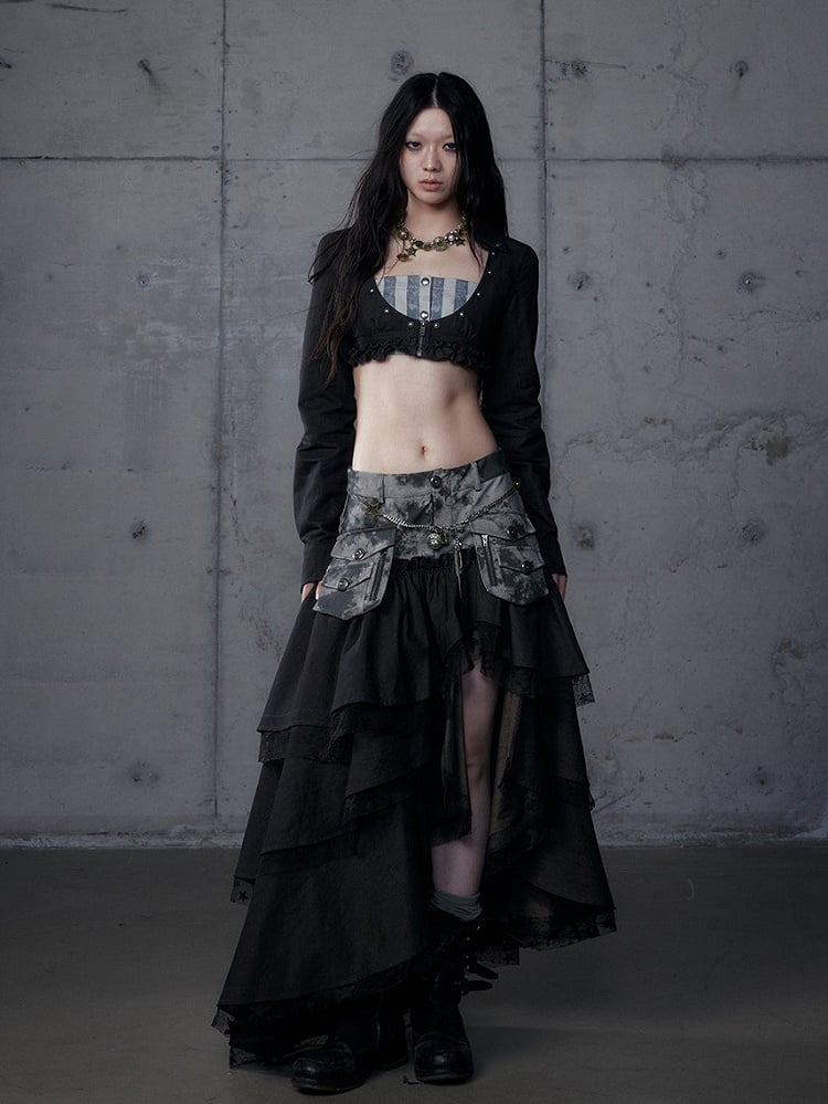 Gray Shirt: Length Underbust Vintage with Cropped Punk Black