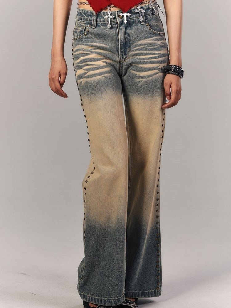 Full Distressed Vintage Pockets Low-Rise Mud Embroidered Jeans Seam with Blue Rivet Punk