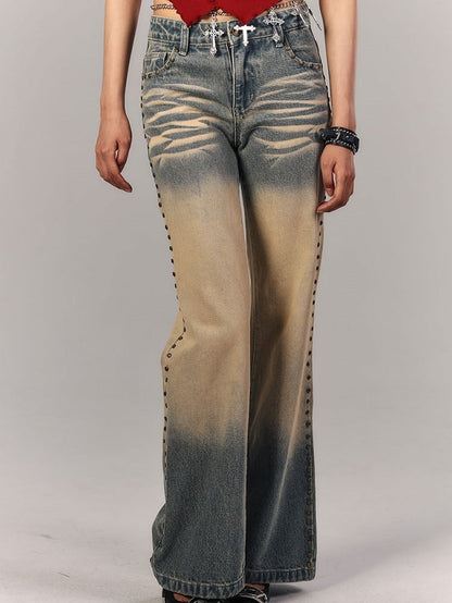 Full Distressed Vintage Pockets Low-Rise Mud Embroidered Jeans Seam with Blue Rivet Punk