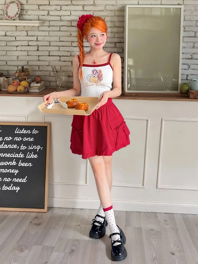 Snow White Vibes Contrast White Graphic Cami Top Red Trim Cropped