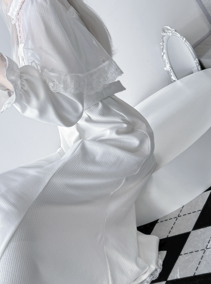 with Mermaid White Cape Dress Kei Neckline Sleeves Refined Ethereal Illusion Jirai