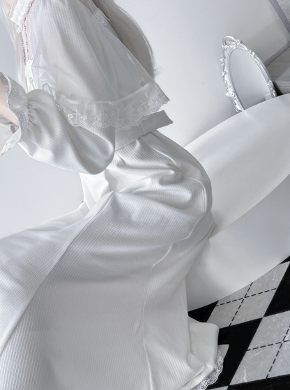 with Mermaid White Cape Dress Kei Neckline Sleeves Refined Ethereal Illusion Jirai