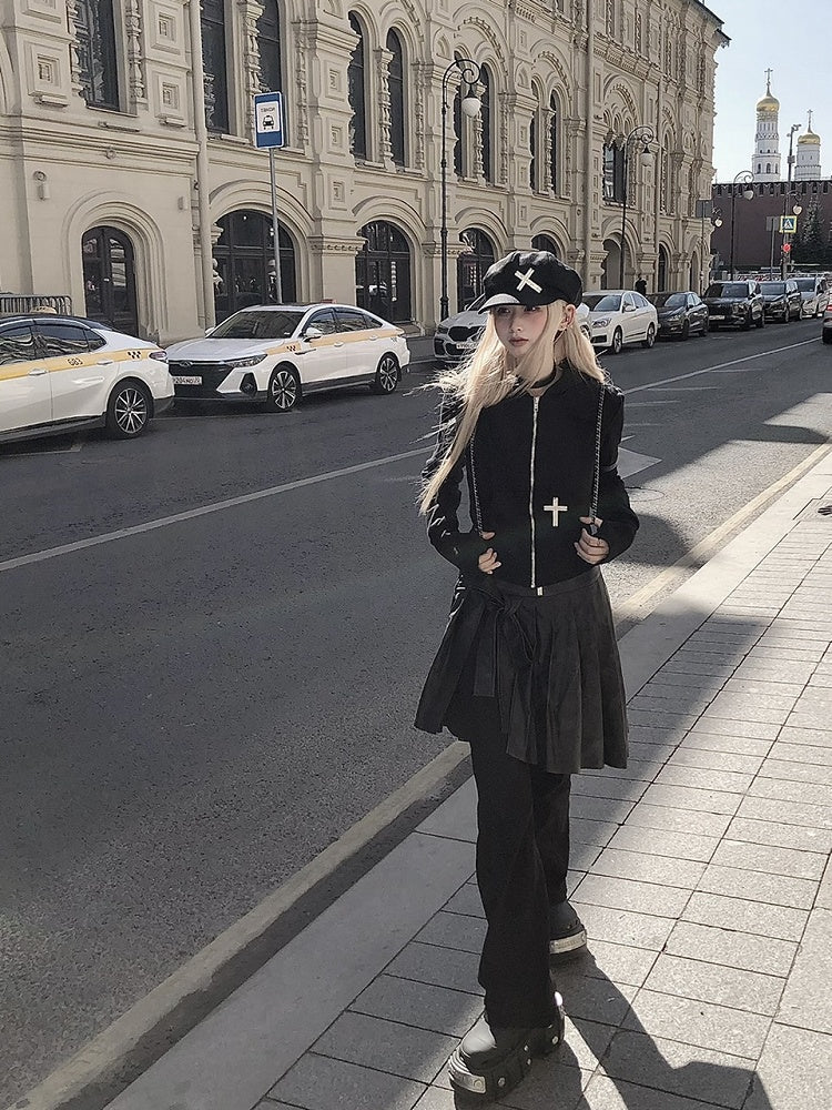 and Mini with PU Sweatpants Attached Black Thigh-High Skirt Slit