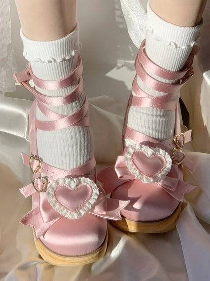 Mary Detachable Platform Lolita Sweet Satin 6.5cm Woodgrain with Sole Bow Pink Janes - Heart
