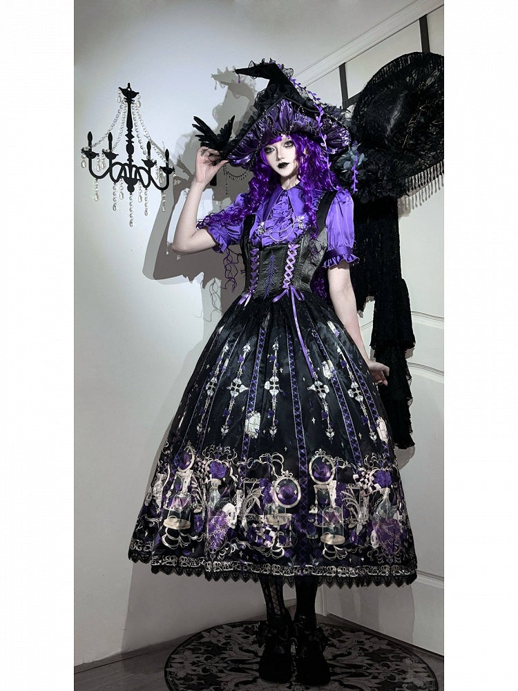 Purple Rosette and Skull Print Gothic Lolita Corset Under Bust JSK Dress - Sweetheart Love Song