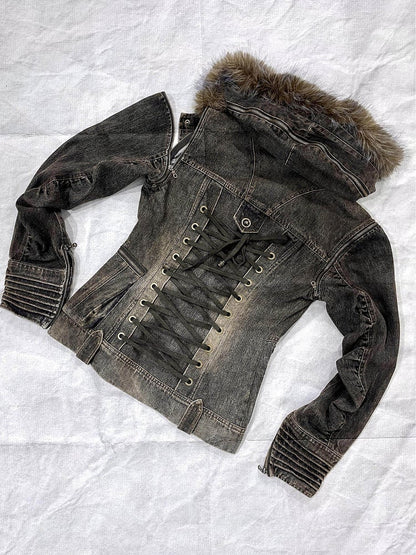 Trim Hooded Denim Grey Version Hood Detachable Brown Fur Jacket - Regular/Padded