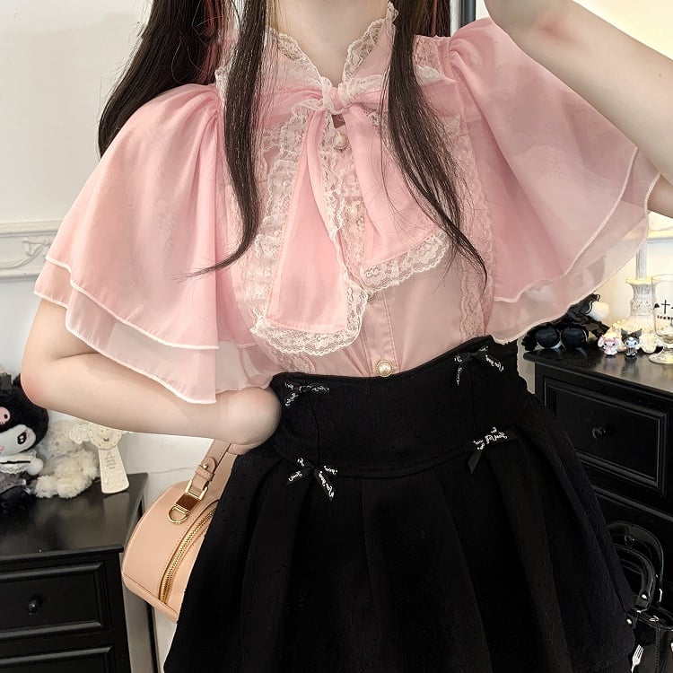 レースネックライン ジライ ブラック/ピンク/ホワイト ショールブラウス kei セルフタイ ボウトリム シフォン