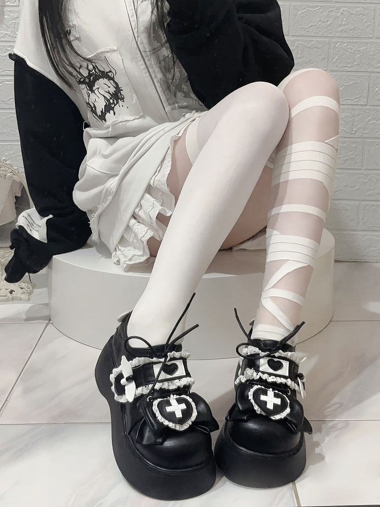 Jirai Kei ブラックヤミかわいいクロスちょう結びレースアップディテールプラットフォームシューズ