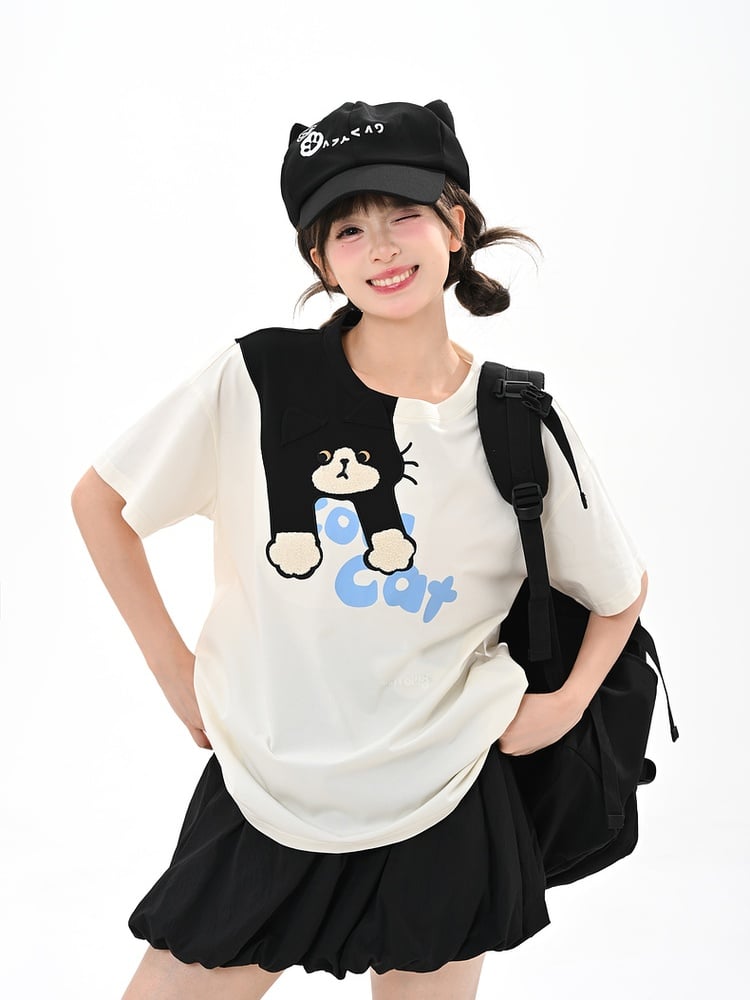 White Round Neck Cute Cat Print T-Shirt Loose