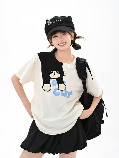 White Round Neck Cute Cat Print T-Shirt Loose
