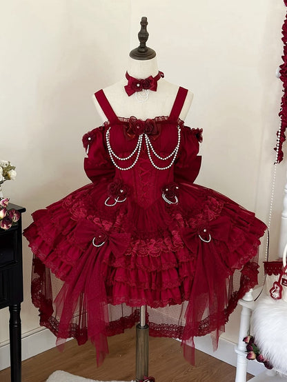 ウエストフラワーバスク裾フェアリースカートドレスジャンパーティアードレッドロリータ花嫁