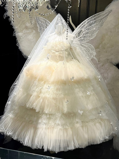 Ruffled Bow Accent with Details Layered Lolita and Tulle Hime White Dress