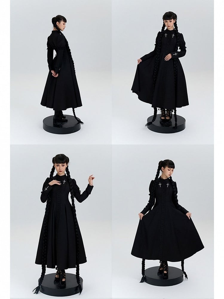 with Lolita Short Cross Nun Lace Sleeves Embroidery Black Trimmed Dress