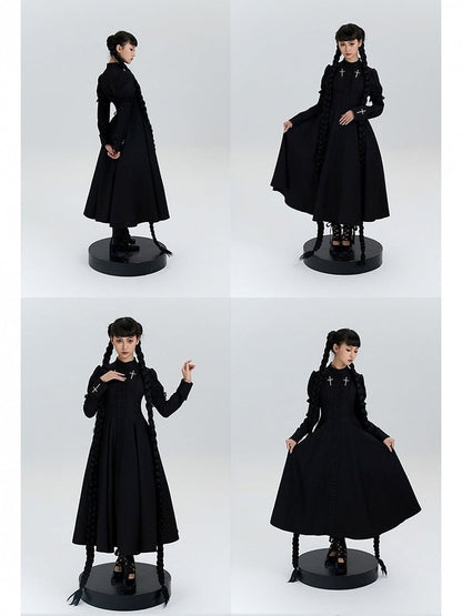 with Lolita Short Cross Nun Lace Sleeves Embroidery Black Trimmed Dress