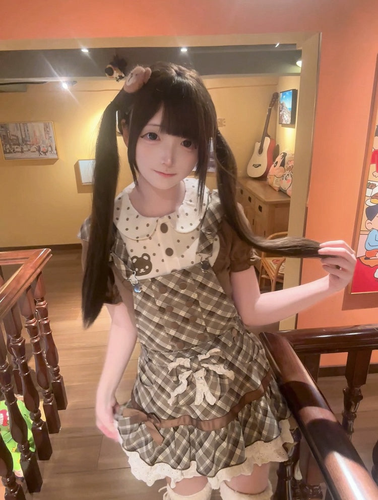 Brown Plaid Convertible Overalls Dress with Bear Hat - kukuwa