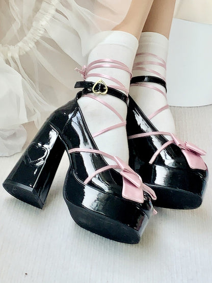 Sweet Pink Mary Black with - Lolita PU Block Platform Heel Bow Top Janes High