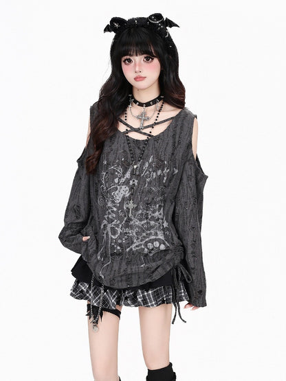 Gray Y2K Distressed Cutout Long Sleeve Top with Print and Drawstring - CRAZY GIRL
