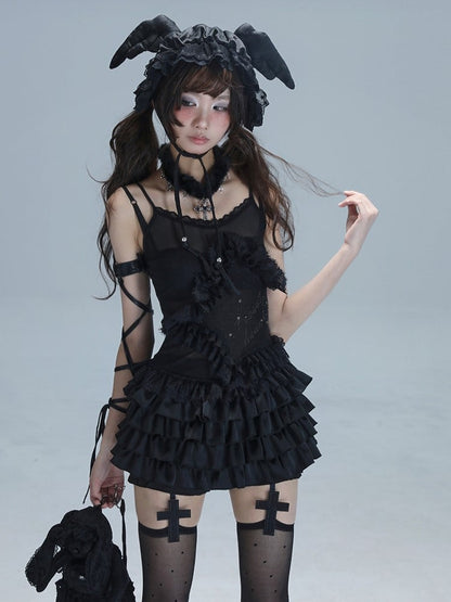 Ballet-Inspired Punk Star with Lace Black Layered Trim Top Ruffles Rhinestone Cami