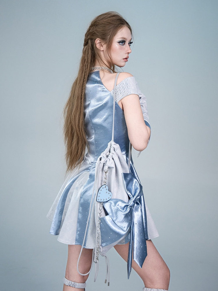 Blue Y2K Satin Bow Drawstring Doulder Shoulder Bag with Rhinestone Decoration - Virtual Orbit