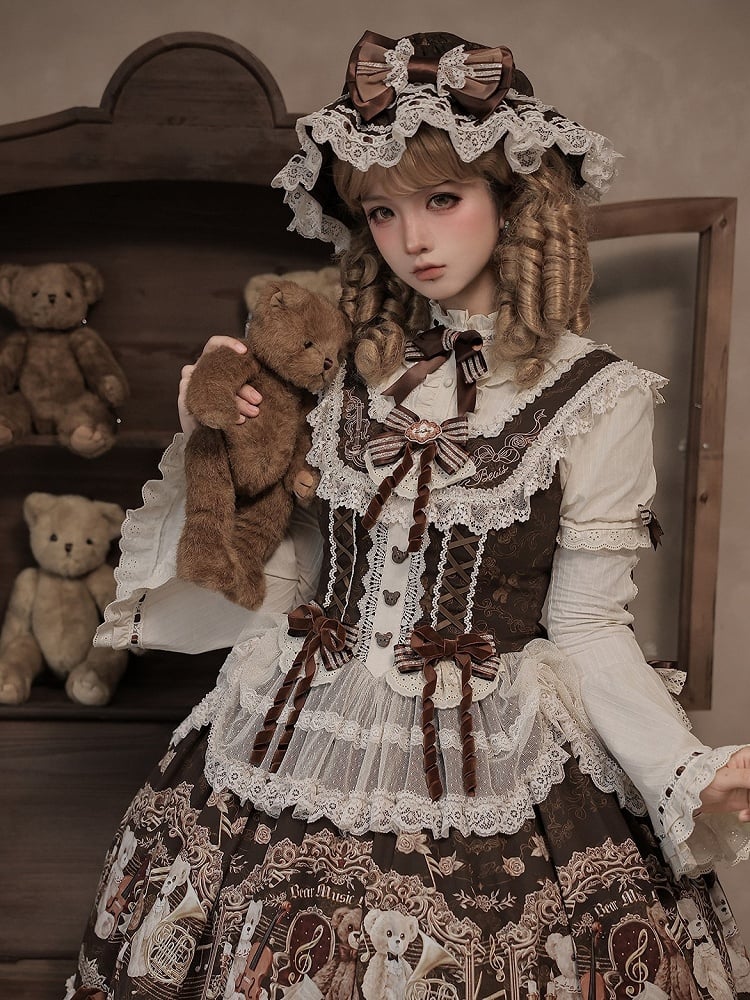 Brown Lace Trim Baby Hat with Bow - Twin Bear Original Design