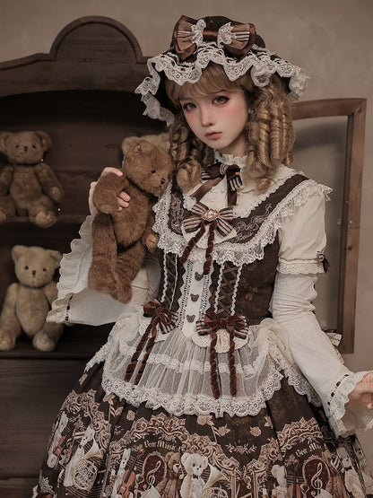 Brown Lace Trim Baby Hat with Bow - Twin Bear Original Design
