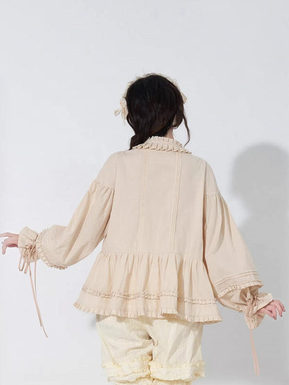 Drawstring Long-Sleeve Ruffled Loose Beige Blouse with Lolita Cuffs