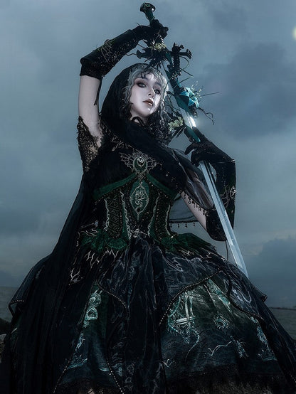 Black & Green Bone Dragon Embroidery Halter Neck Gothic Lolita Dress Set - Ying Luo Fu