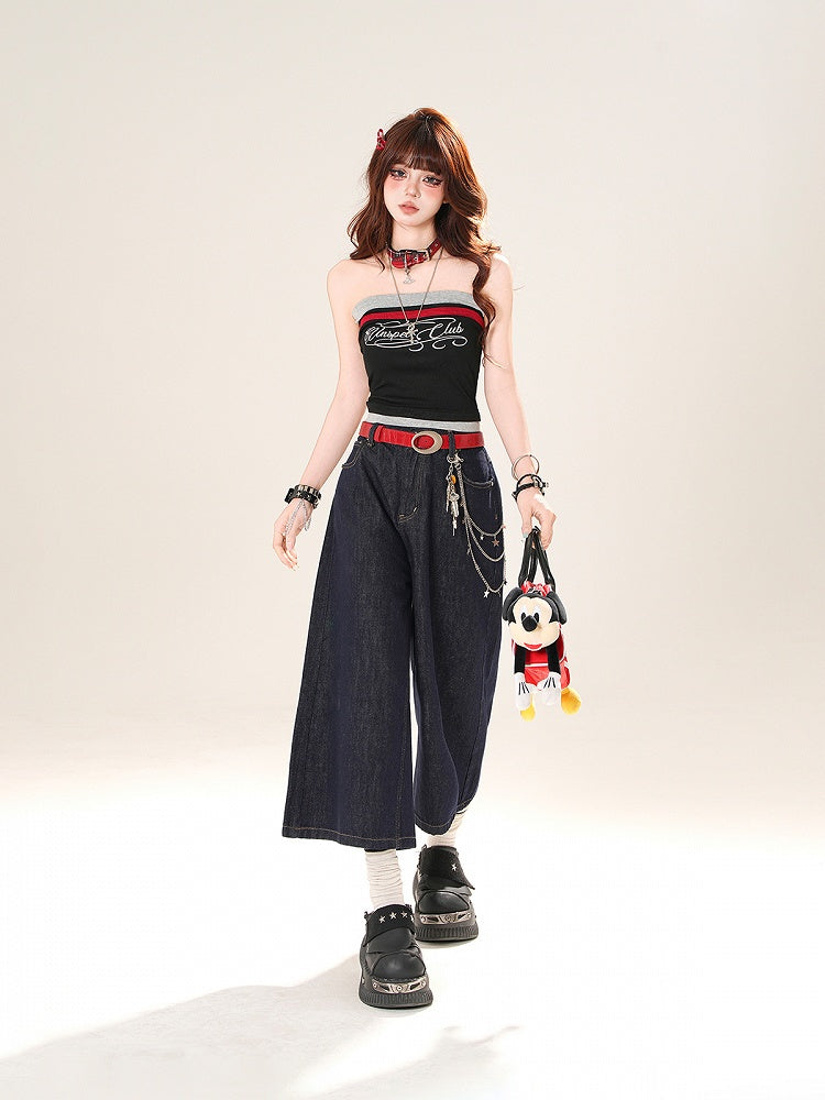 ネイビーブルー/ブラックレタープリントクロップドストラップレストップ