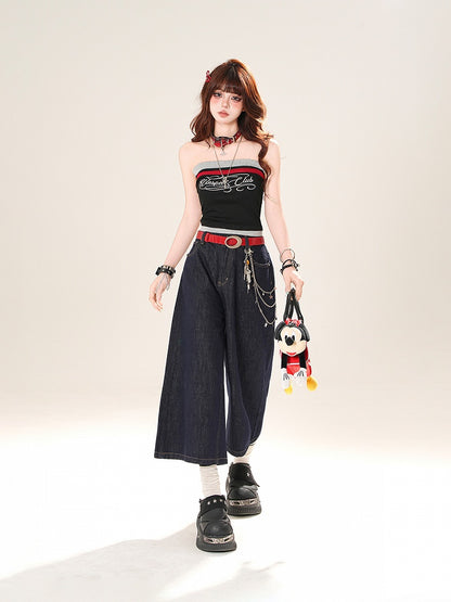 ネイビーブルー/ブラックレタープリントクロップドストラップレストップ