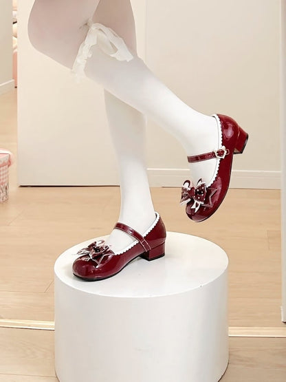 Buckle Red - Mary Low Lolita Polka-dot with Janes Sweet Ear PU Bear Bow Heel Teddy