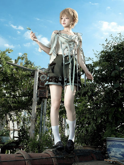 White Sleeveless Top + Asymmetrical Cutout Cape + Dark Green Multi-Button Shorts Set - Unknown Star