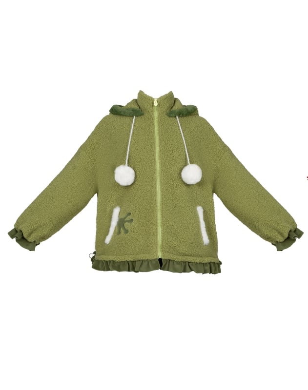 グリーンのハイネックリトルフロッグフード付きフリースコート
