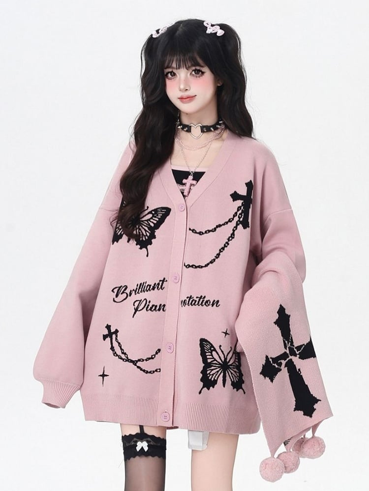 Cardigan Pompon Butterfly Scarf with - Bittersweet Charm Black/Pink Motifs Cross Set