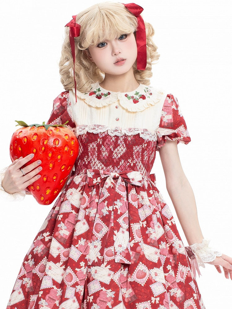 Dress Sleeves Red Lolita Strawberry Embroidered with Beige Sweet Puff Collar Print