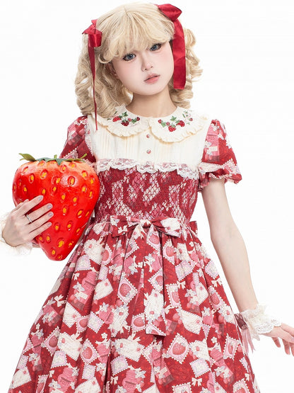Dress Sleeves Red Lolita Strawberry Embroidered with Beige Sweet Puff Collar Print