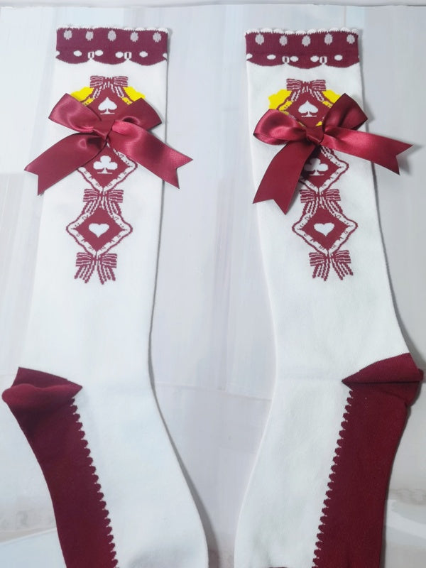 Lolita Calf Socks with Bowknots and Ruffled Cuffs in Wine Red