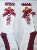 Lolita Calf Socks with Bowknots and Ruffled Cuffs in White and Wine Red