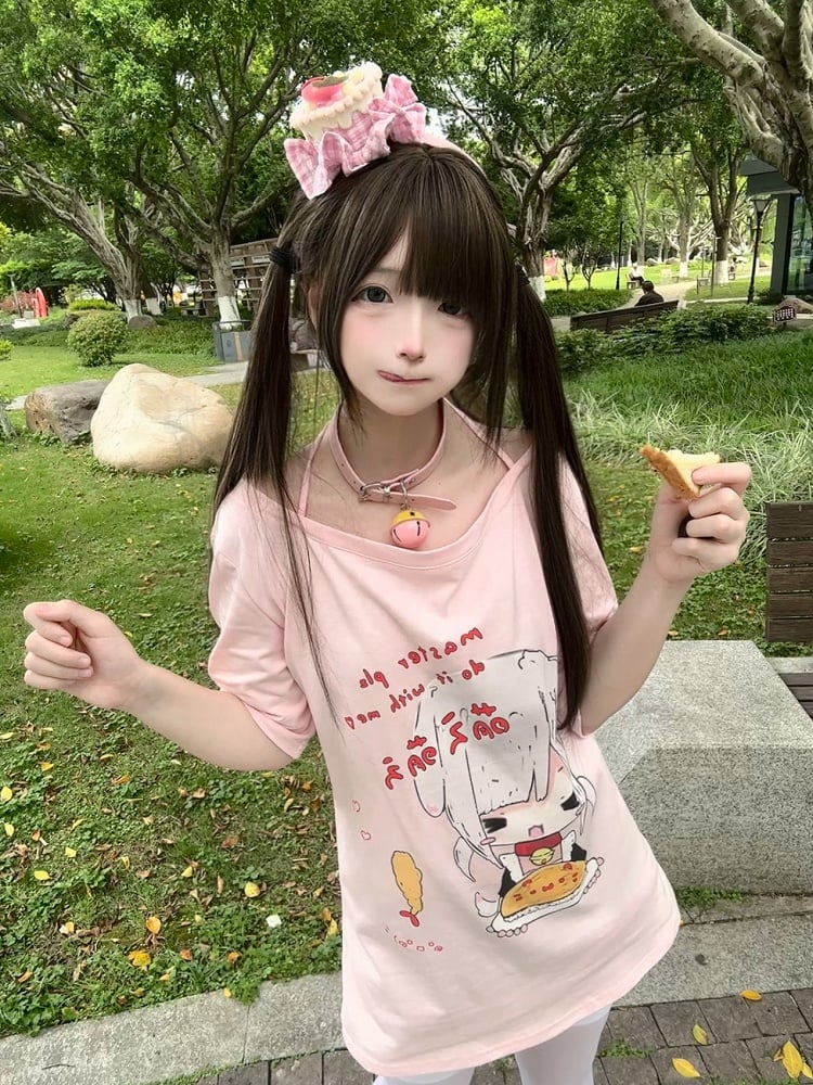 Cartoon with Neck T-shirt Print Girl Halter Pink