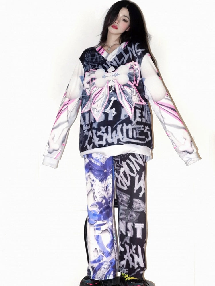 Weite Hose Buchstabe Y2K BlauSchwarz Print Schnitt