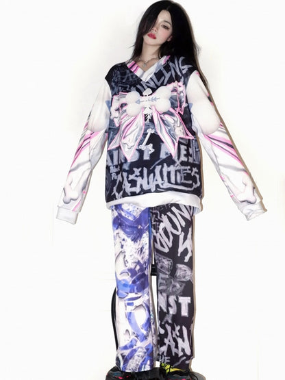 BlueBlack Letter Wide-leg Cut Pants Y2K Print