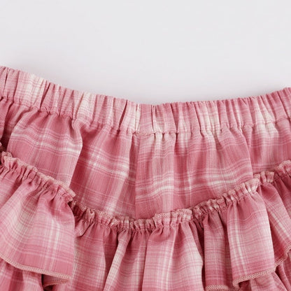 Dark Pink Plaid Tiered Skirt with Shorts - serendipity
