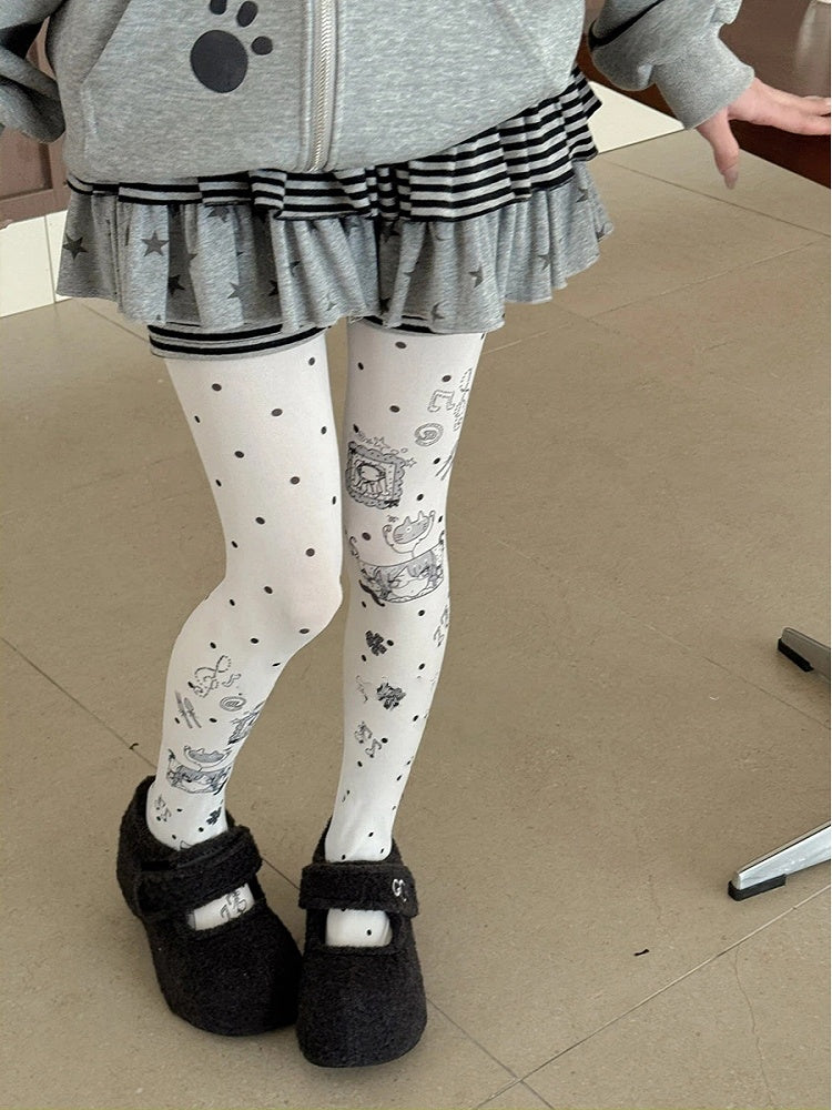 Tights Cute Polka Dot Cat Pattern Opaque