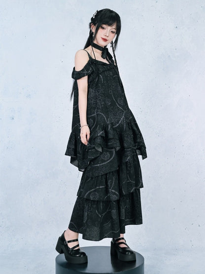 Gothic Black Asymmetrical Three-Tier Skirt with Sea Lily - Quirky Hut