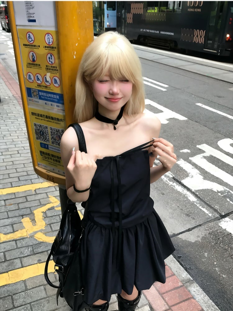 Rock Selbstbinden Strap Ausschnitt Glamouröses Trägerloses Kleid Schwarz Bubble