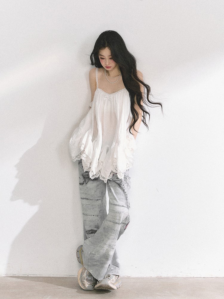 ホワイトハンカチヘムレーストリムシフォンキャミソールトップス