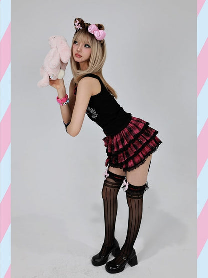 Red Plaid Tiered Skirt with Black Lace Trim and Detachable Bow Accents