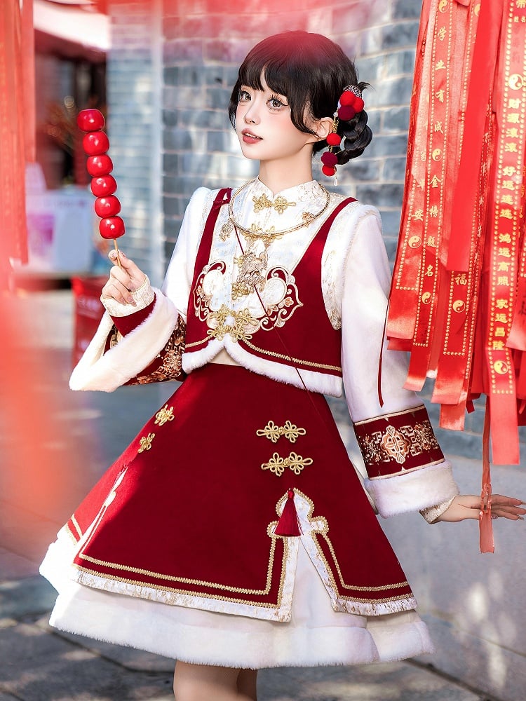 赤い新年の結び目ボタンのバンドカラーのロリータドレスベストタッセルクロスボディバッグフルセット