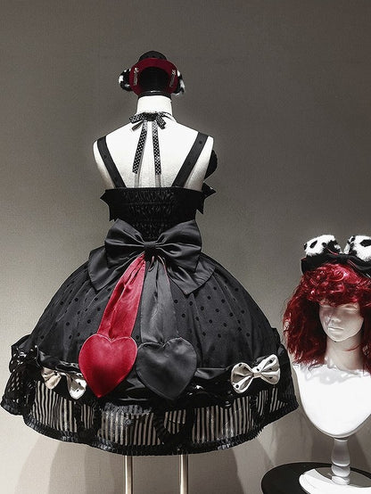 Black White Polka Dot Gothic Lolita Jumper Skirt with Bows Striped Hem - Tan Tuan