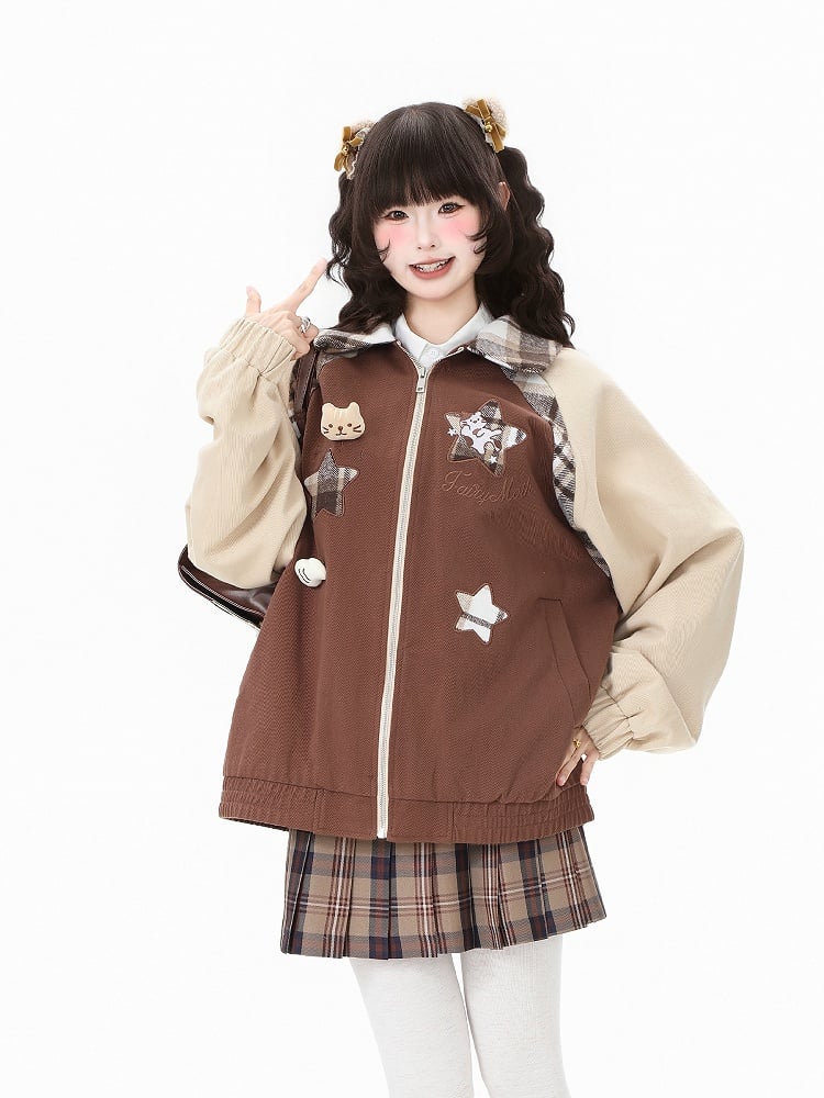 Collar Cat Brown/Pink Color-Block Embroidered with Jacket Plaid and